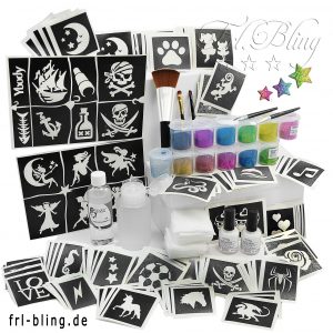 glitzertattoo, glitter tattoo, ybody, y body, glimmer, tatoo, frl. Bling, set günstig kaufen, glittertatoo, grundausstattung, set S, kosmetischer glitzer, kinderschminken, kimdergeburtstag,