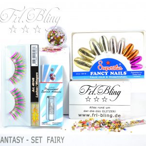 FANTASY-SET FAIRY, Falsche Wimpern, künstliche Wimpern, Fingernägel, Glitzer, Karneval, Schminke, kosmetisch, Wimpernkleber, Fantasy-Set, Schminkset, Verkleidung, bunt, glänzende Nägel, Strasssteine, Edelsteine, Schmucksteine, Glitzer, Elfen, Feen, Kostüm, Prinzessin, Einhorn, Eiskönigin, Fräulein Bling, Frl. Bling