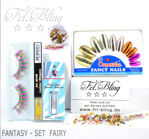 FANTASY-SET FAIRY, Falsche Wimpern, künstliche Wimpern, Fingernägel, Glitzer, Karneval, Schminke, kosmetisch, Wimpernkleber, Fantasy-Set, Schminkset, Verkleidung, bunt, glänzende Nägel, Strasssteine, Edelsteine, Schmucksteine, Glitzer, Elfen, Feen, Kostüm, Prinzessin, Einhorn, Eiskönigin, Fräulein Bling, Frl. Bling