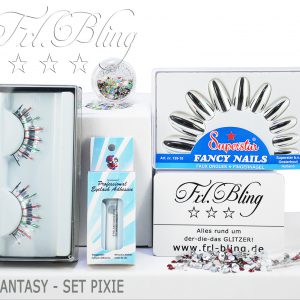 Fantasy-Set Pixie, Falsche Wimpern, künstliche Wimpern, Fingernägel, Glitzer, Karneval, Schminke, kosmetisch, Wimpernkleber, Fantasy-Set, Schminkset, Verkleidung, bunt, glänzende Nägel, Strasssteine, Edelsteine, Schmucksteine, Glitzer, Elfen, Feen, Kostüm, Prinzessin, Einhorn, Eiskönigin,