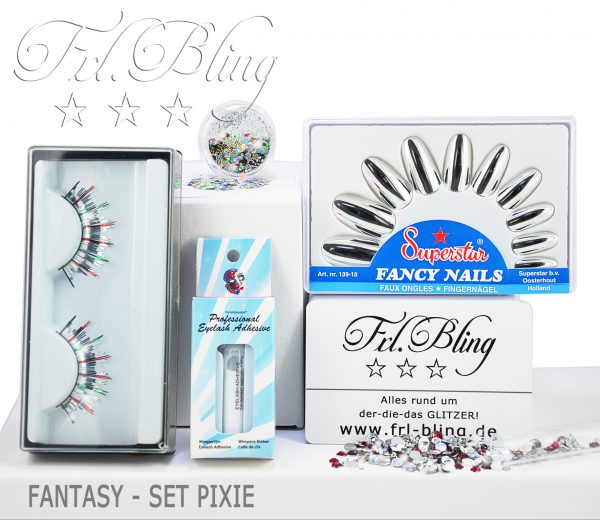 Fantasy-Set Pixie, Falsche Wimpern, künstliche Wimpern, Fingernägel, Glitzer, Karneval, Schminke, kosmetisch, Wimpernkleber, Fantasy-Set, Schminkset, Verkleidung, bunt, glänzende Nägel, Strasssteine, Edelsteine, Schmucksteine, Glitzer, Elfen, Feen, Kostüm, Prinzessin, Einhorn, Eiskönigin,