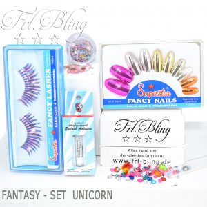 FANTASY-SET UNICORN, Falsche Wimpern, künstliche Wimpern, Fingernägel, Glitzer, Karneval, Schminke, kosmetisch, Wimpernkleber, Fantasy-Set, Schminkset, Verkleidung, bunt, glänzende Nägel, Strasssteine, Edelsteine, Schmucksteine, Glitzer, Elfen, Feen, Kostüm, Prinzessin, Einhorn, Eiskönigin, Fräulein Bling, Frl. Bling