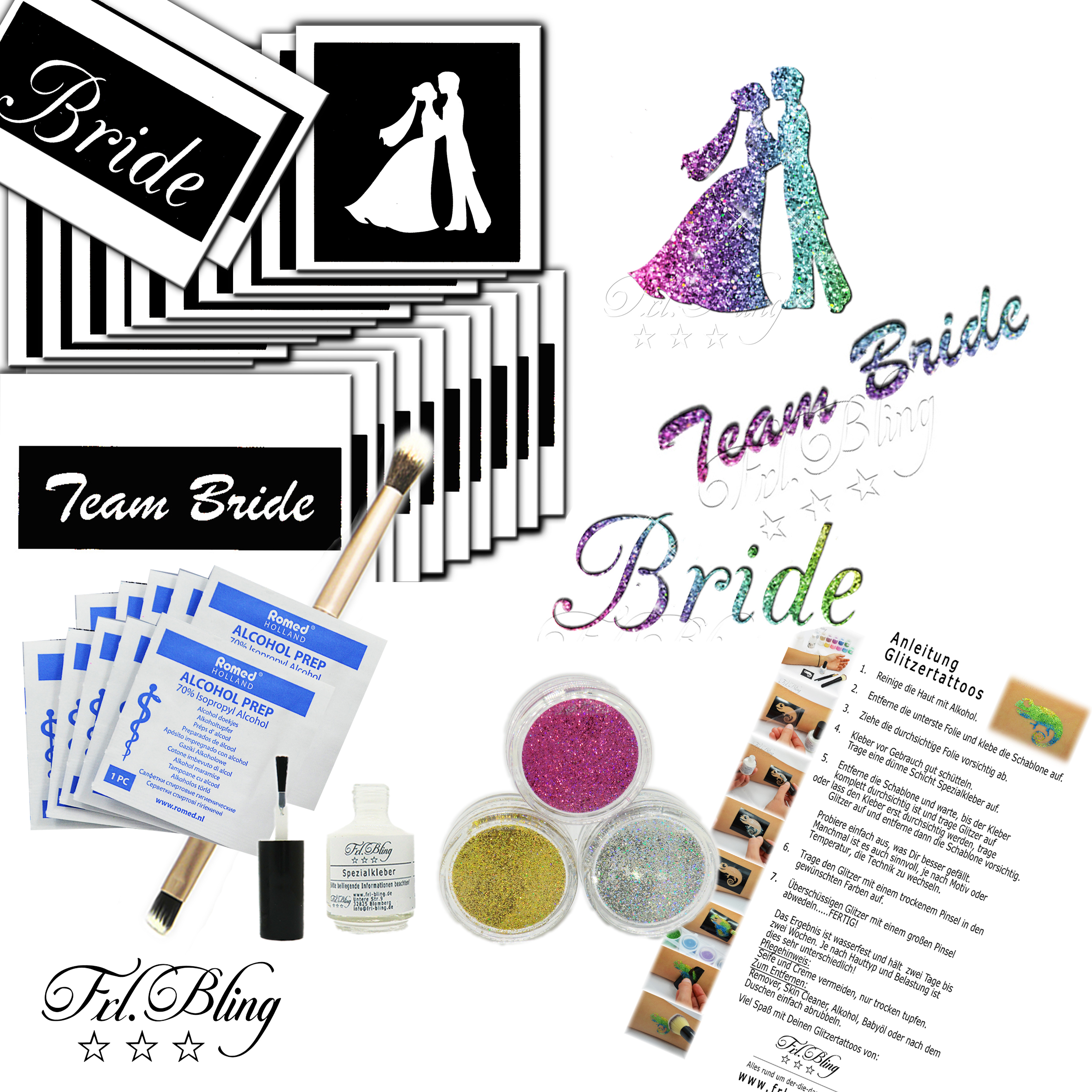 Glitzer Tattoo Set HOCHZEIT / JUNGESELLIN ABSCHIED Frl. Bling Sparpreis!