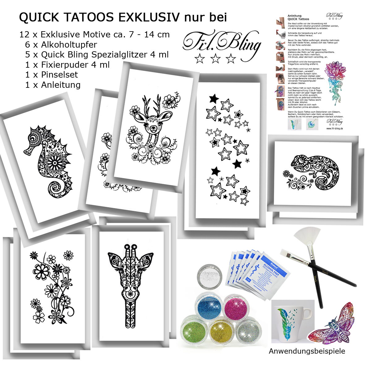 Quick Tattoo Set Exklusive Frl Bling Glitzertattoo Glitzertattoos