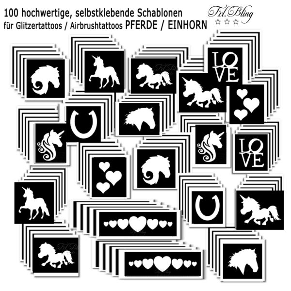 Glitzertattoo Schablonen Set PFERDE / EINHORN