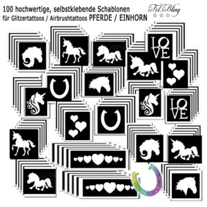 Glitzertattoo Schablonen Set PFERDE / EINHORN