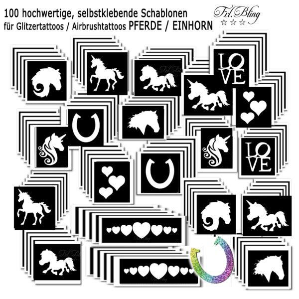 Glitzertattoo Schablonen Set PFERDE / EINHORN